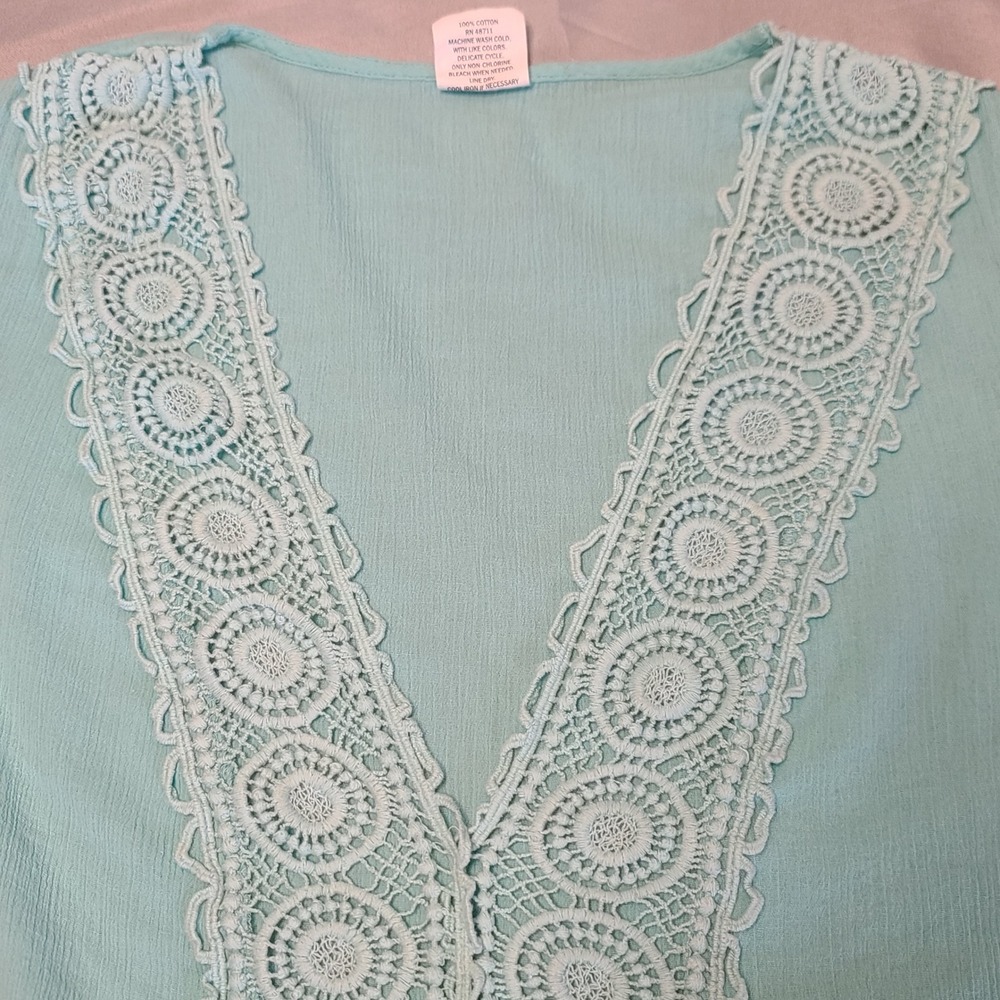 Wave Zone Tunic Womens Medium Aqua Blue Crochet Lace Boho Cotton Beach Coverup